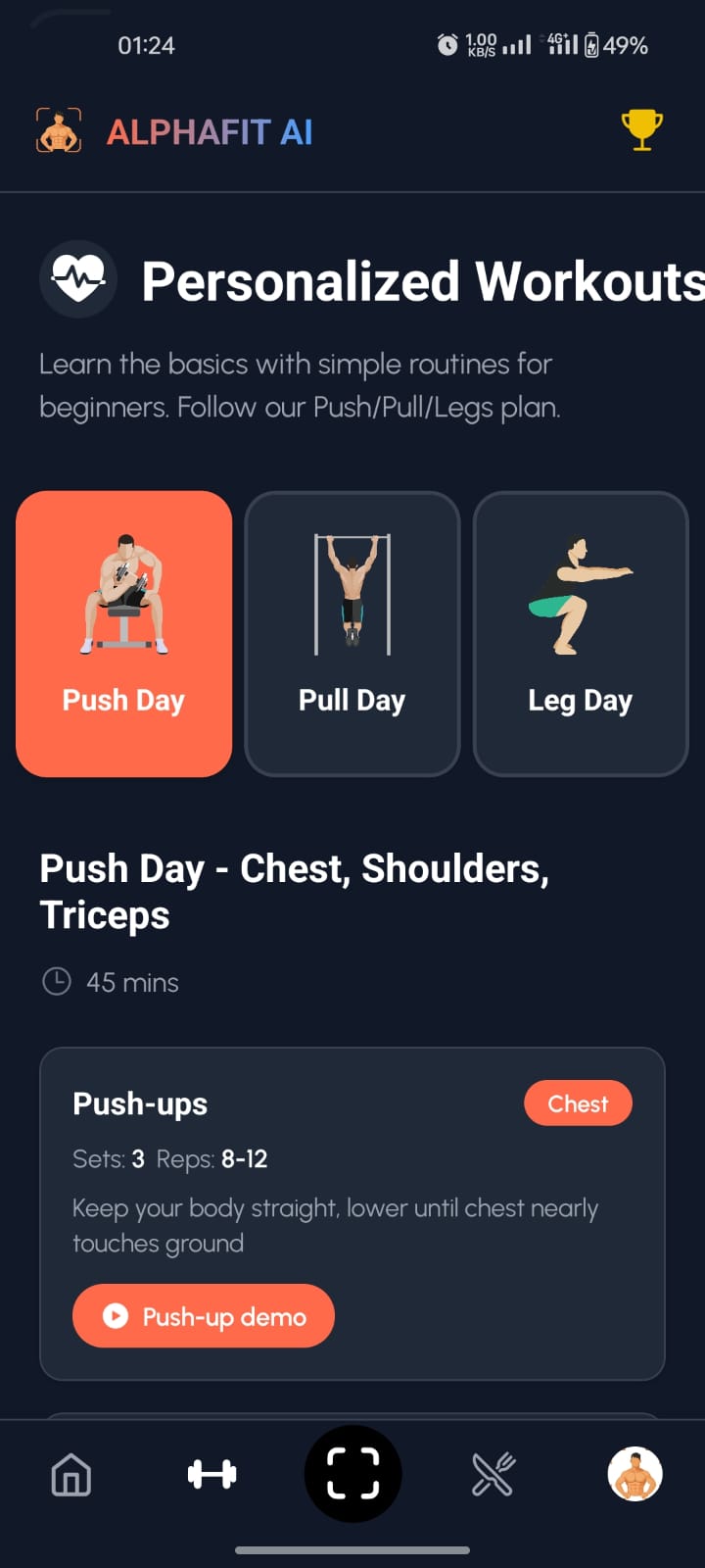 AlphaFit AI App - Workout Screen